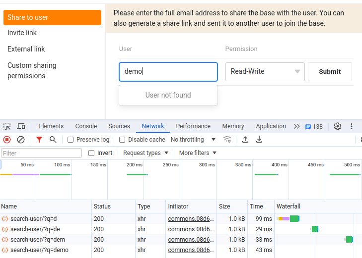 Result of the network tab