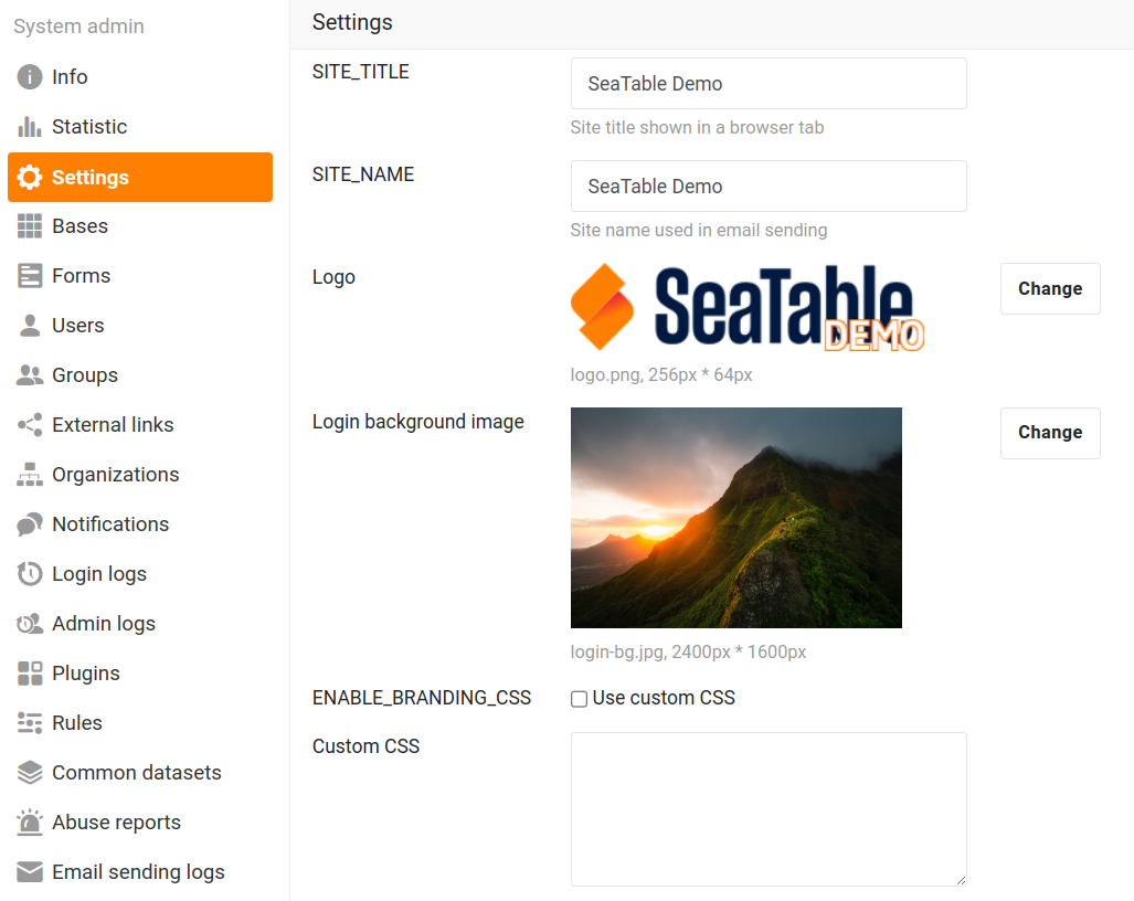 Customization via web interface as system admin