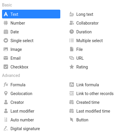 Self-hosted: Two rows of possible column types